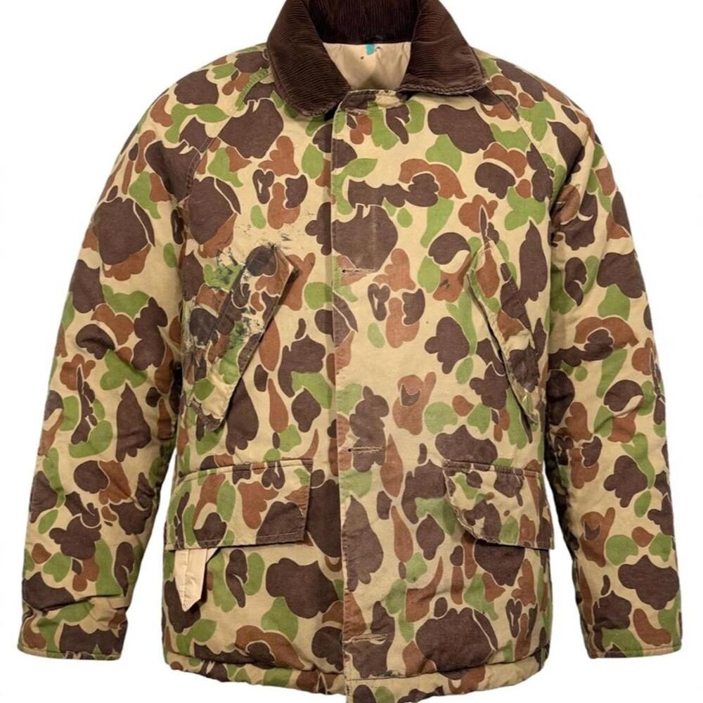 Vintage L.L.Bean Duck Camo Goose Down Hunting Jacket Mens M Corduroy Collar USA
